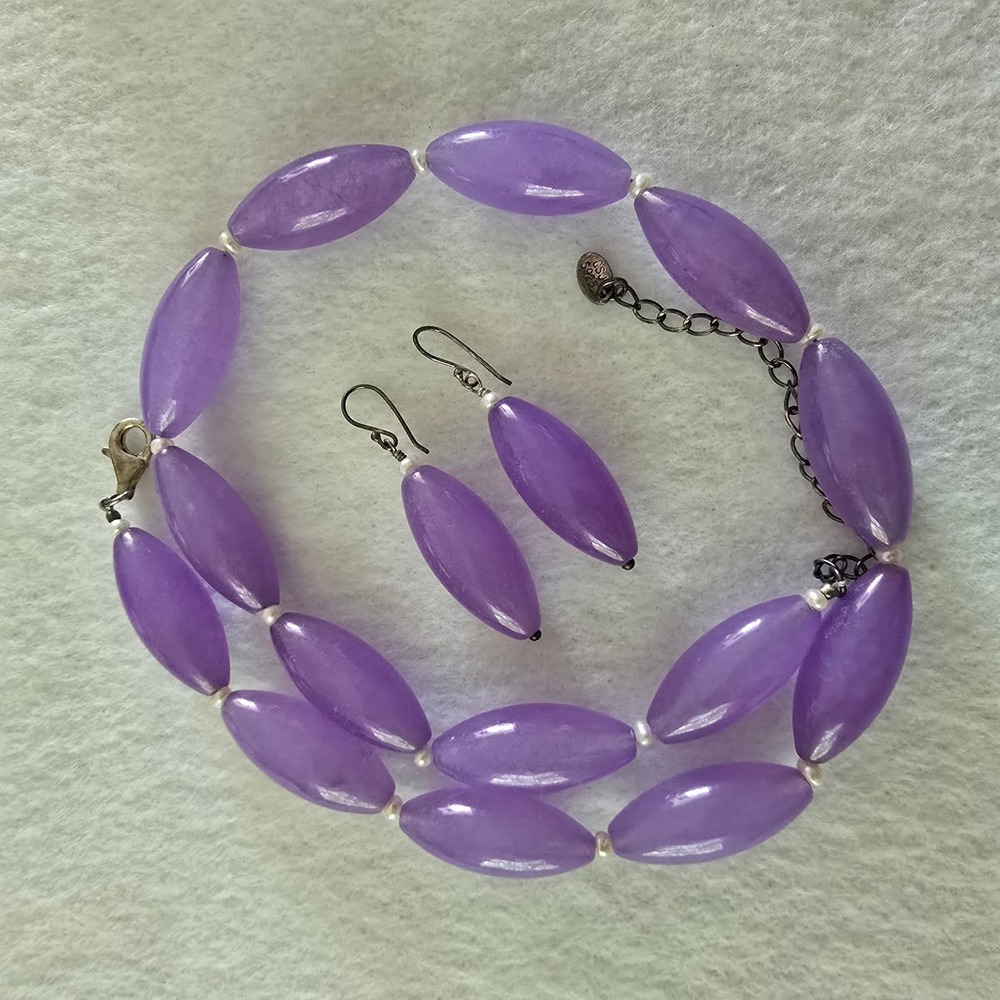 GSJ Lavender Purple Gemstone Bead Necklace Earring Pearl Set Jade Jewelry